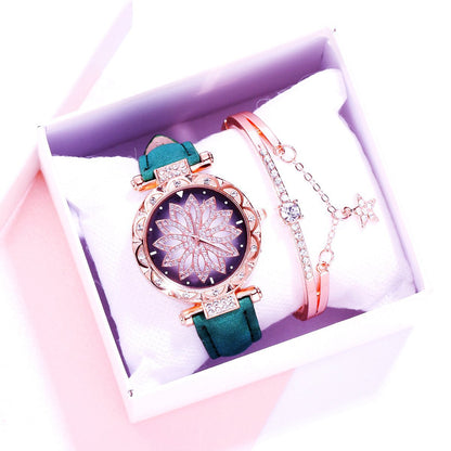 Retro PU Strap Ladies Watch & Bracelet Set