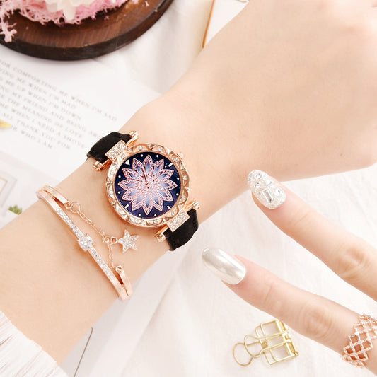 Retro PU Strap Ladies Watch & Bracelet Set